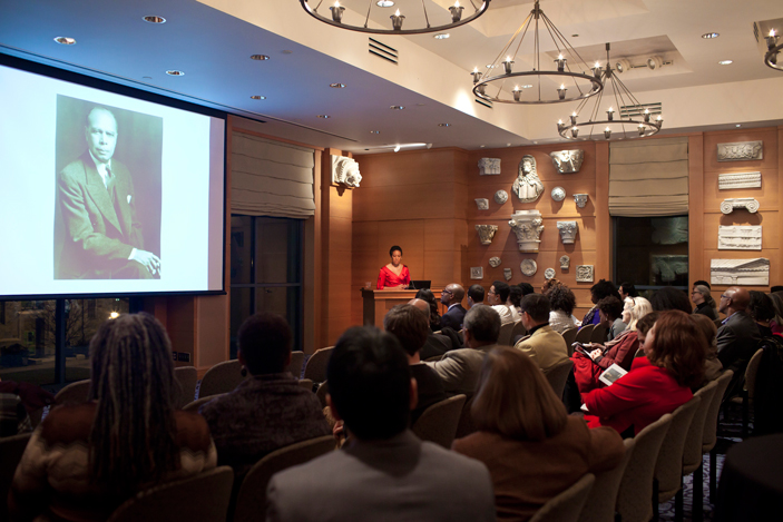 Professor Andra Gillespie speaks at the James Weldon Johnson Institute launch reception.